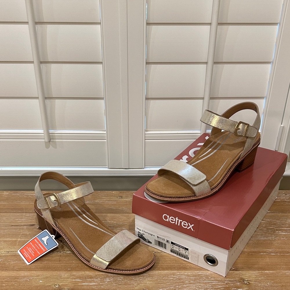Aetrex Women's Metallic Mae Champagne Sandals with Block Heel